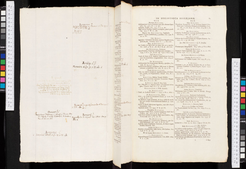 Composite image showing fols. L1r (right) and its interleaf counterpart (left). The interleaf shows John Locke's handwritten notes, for works whose authors would be found at the corresponding page in the print work.